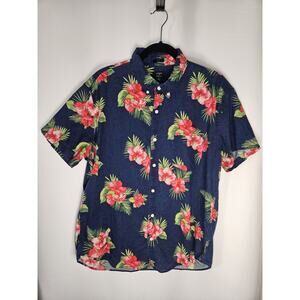 J Crew Flex Washed Slim Hawaiian Shirt Floral Blue Pink Mens XL Cotton Linen